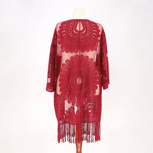 NWT CHICO'S Lace Kimono Sheer Mesh Fringe Detail in Deep Cherry Red Size L/XL - Picture 4 of 10